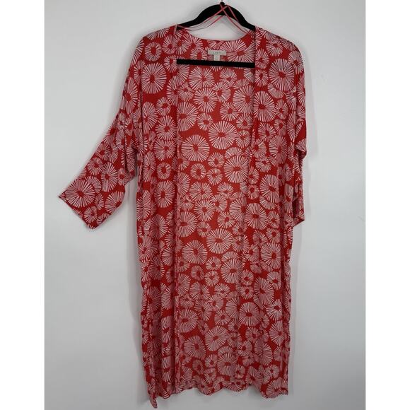 LOFT Open Kimono topper Size XS/Small Red Floral Artsy Long Length - Picture 9 of 9